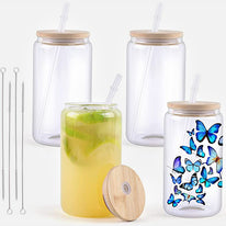Sublimation  Clear/Frosted Glass Blanks with Bamboo Lid - 16oz