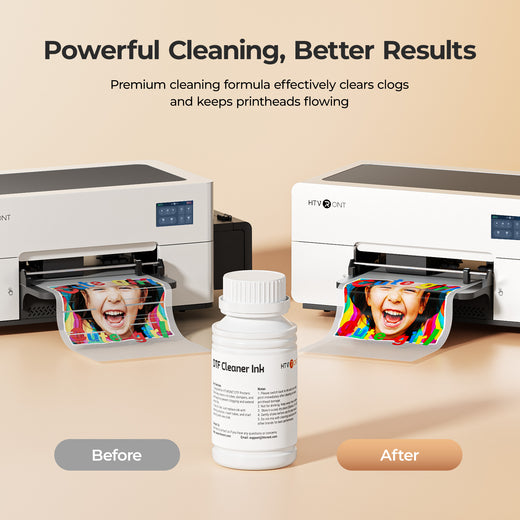 Two printers with printed images, a bottle of ink cleaner, and text about cleaning formula effectiveness on a beige background.