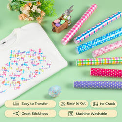 Plaid pattern heat transfer vinyl roll and a green T-shirt with Plaid pattern printed in color.