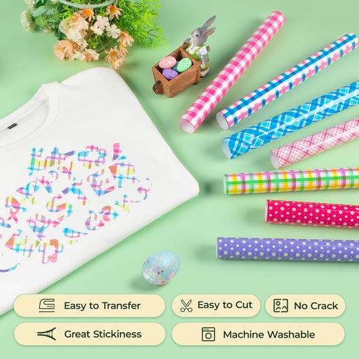 Plaid pattern heat transfer vinyl roll and a green T-shirt with Plaid pattern printed in color.