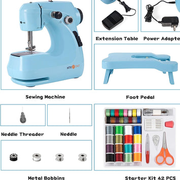 Mini Sewing Machine for Beginners + Extension Table + 42 Pcs Sewing Set +Neddle Threadar+4pcs Metal Bobbins