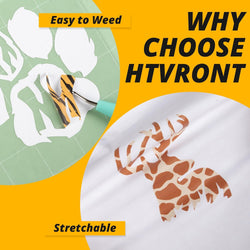 Promotional graphic for HTVRONT with a cutting tool and printed fabric featuring a giraffe design.