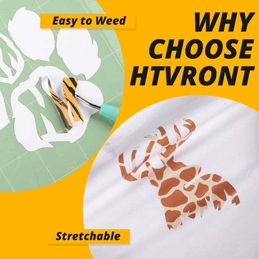 Promotional graphic for HTVRONT with a cutting tool and printed fabric featuring a giraffe design.