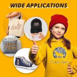 Girl wearing a yellow hoodie with a design, surrounded by various items like a tote bag, cap, and shoes on a yellow background.
