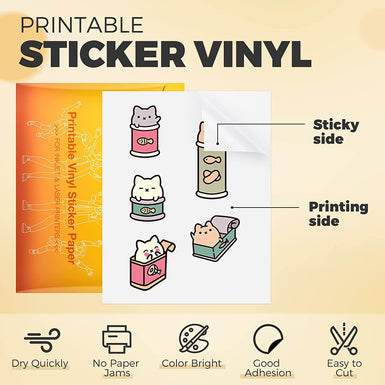Printable Vinyl - Sticker Paper for Inkjet Printer for Epson (25 Sheets, 8.5 x 11, Anti Jam) - Glossy Printable Sticker Paper - Inkjet Printable