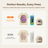 Promotional image of heat press products with text about consistent results.
