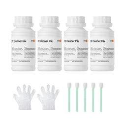 Four bottles of HTF Cleaner Ink with gloves and swabs on a white background
