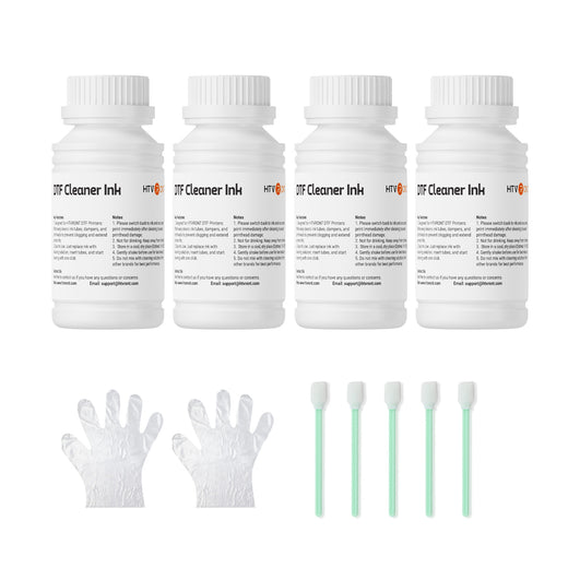 Four bottles of HTF Cleaner Ink with gloves and swabs on a white background