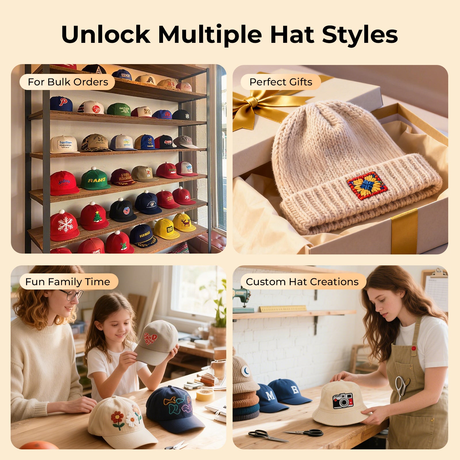 Collage of hat styles with text indicating bulk orders, gifts, family time, and custom creations.