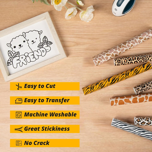 Decorative paper strips with animal patterns on a wooden surface, featuring text about product features.