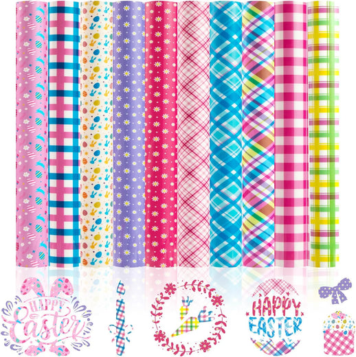 Set of colorful paper rolls with plaid, polka dot, and floral patterns, featuring 'Happy Easter' text.