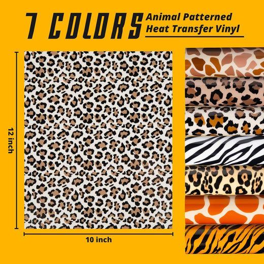 Animal patterned heat transfer vinyl with dimensions on a yellow background