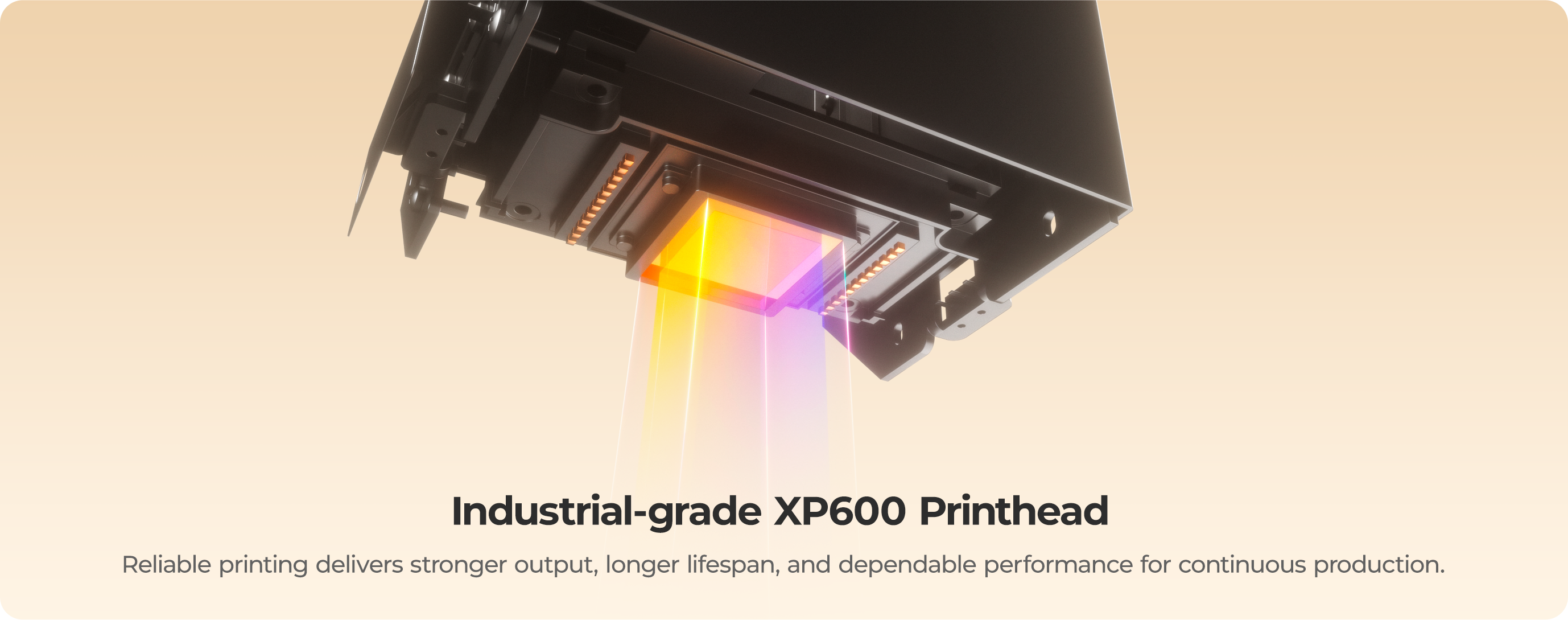 Industrial-grade XP600 printhead with colorful ink output on a beige background