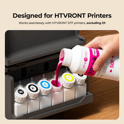 Person pouring ink into a printer with text 'Designed for HTVront Printers' on a beige background