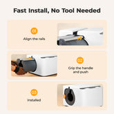 Step-by-step installation guide for a product with text 'Fast Install, No Tool Needed' on a beige background.
