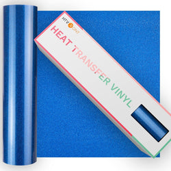 Roll of blue heat transfer vinyl with a box labeled 'Heat Transfer Vinyl' on a blue background