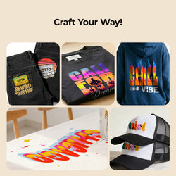 Collage of customizable clothing items with colorful text and graphics on a beige background.