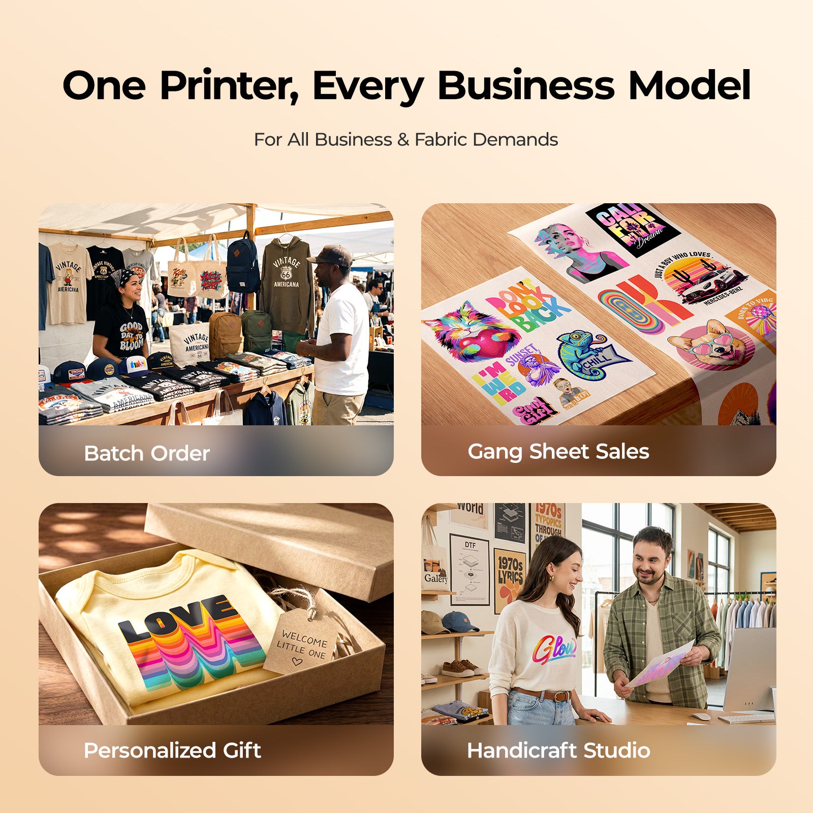 Collage of images showing a DTF printer in use for various business models including batch orders, gang sheet sales, personalized gifts, and a handcraft studio.