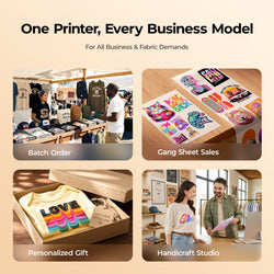 Collage of images showing a DTF printer in use for various business models including batch orders, gang sheet sales, personalized gifts, and a handcraft studio.