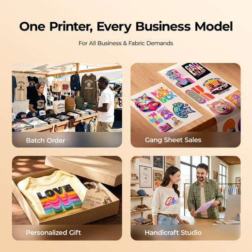 Collage of images showing a DTF printer in use for various business models including batch orders, gang sheet sales, personalized gifts, and a handcraft studio.