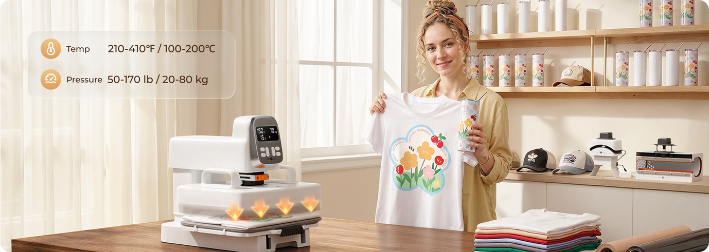 Woman holding a printed t-shirt next to a A100 multi heat press (t-shirt heat plate) in a home office setting.