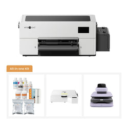 All-in-one printing kit with D2 DTF printer, ink bottles, Heat Press and oven on a white background