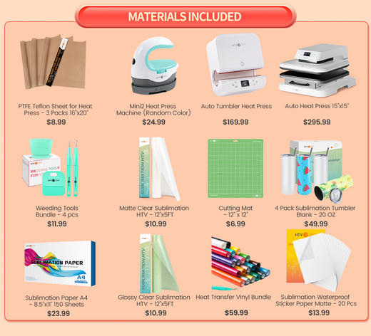 HTVRONT Auto+Tumbler Heat Press Machine + Materials Bundle
