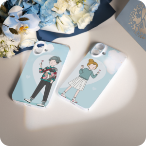 Two phone cases with illustrated characters on a light background