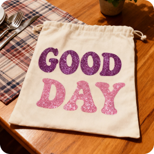 The Drawstring Pouch features a unique heat-pressed design with the words "Good Day" printed on it.