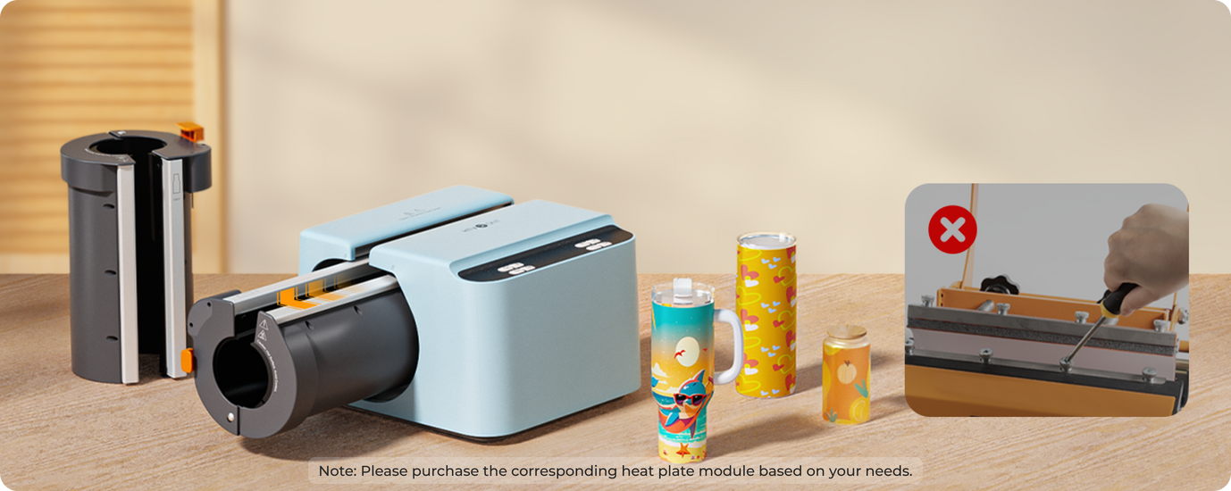 Heat press machine with a mug and can on a wooden surface, with an inset showing a person using the machine.