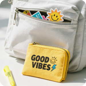 The purse has a heat press design and says "Good vibe".
