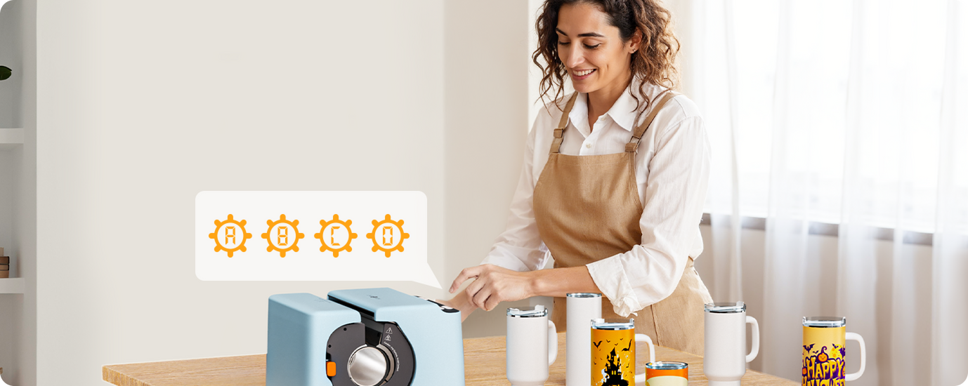 Woman using a kitchen appliance with a five-star rating icon above it.