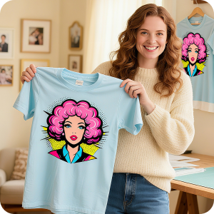 White woman holding up T-shirt