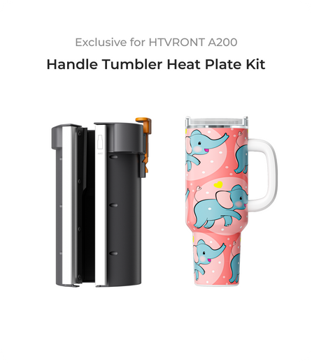 Handle tumbler heat plate kit with a pink tumbler featuring blue elephants on a white background.