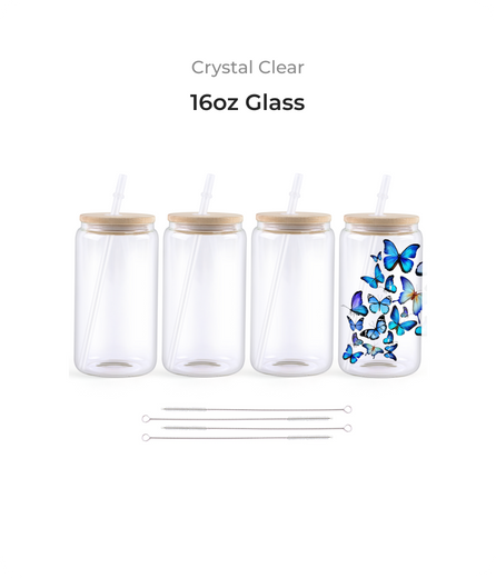 Set of four clear glass jars with wooden lids and straws, one featuring butterfly design.
