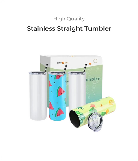 Three stainless steel tumblers with colorful designs and a branded box on a white background.