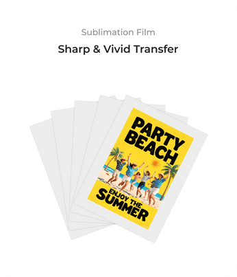 Packaging of sublimation film with 'Party Beach' design on a white background