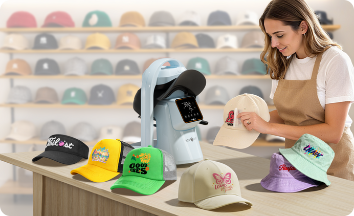 A woman used the A300 Auto Hat Heat Press to complete the heat-press design of multiple baseball caps, bucket hats, and golf hats
