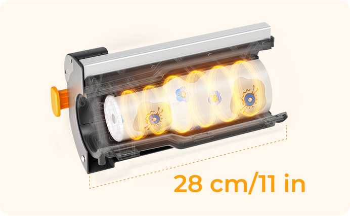 Roller with light bulbs inside, labeled '28 cm/11 in' on a white background