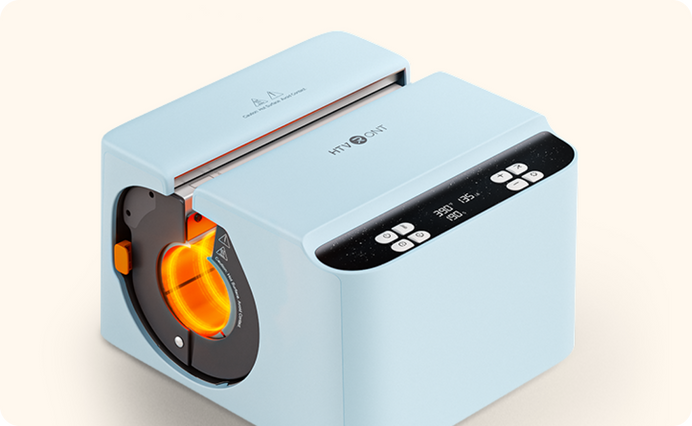 Light blue electronic device with flame-like design on a white background