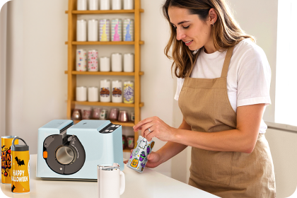 Woman in a kitchen preparing a drink using a coffee machine.