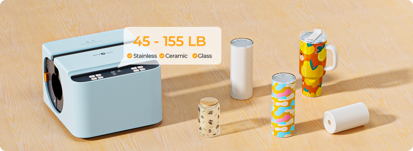 Product display with a blue machine, colorful mugs, and rolls of paper on a wooden surface.