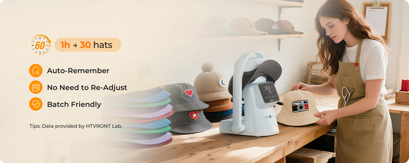 The A300 Hat Press is designed for small businesses and can produce 30 hats per hour.