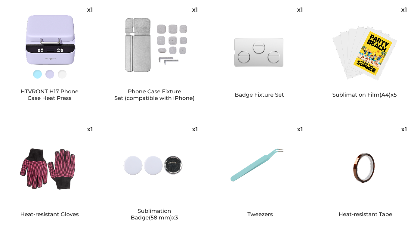 Lists of H17 Phone Case Heat Press Package - Phone case heat press guide