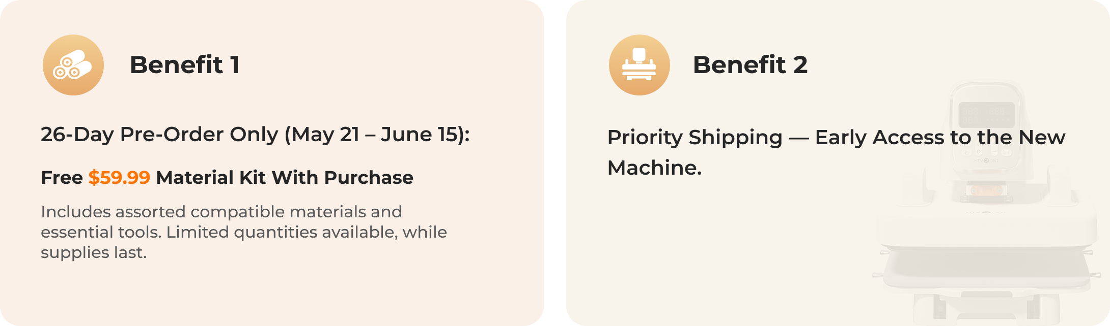 Two benefits listed with icons and text on a light background