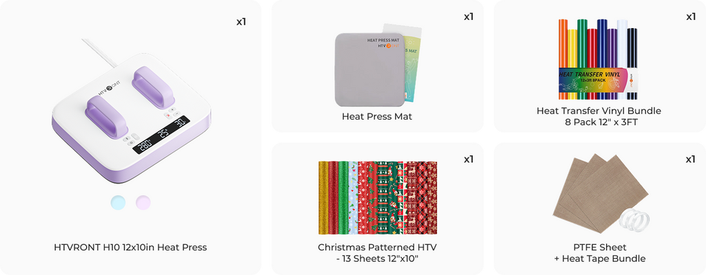 The H10 Portable T-shirt press set includes 8 solid color HTVs, a heat press mat, 13 Christmas pattern HTVs, a PTFE sheet, and a heat tape bundle.