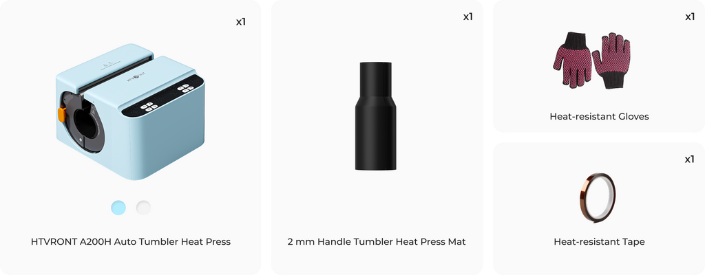 Collection of heat press tools including a heat press, mat, gloves, and tape on a white background.