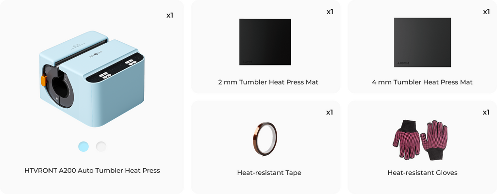 Product listing with HTVRONT A200 Auto Tumbler Heat Press and accessories on a white background