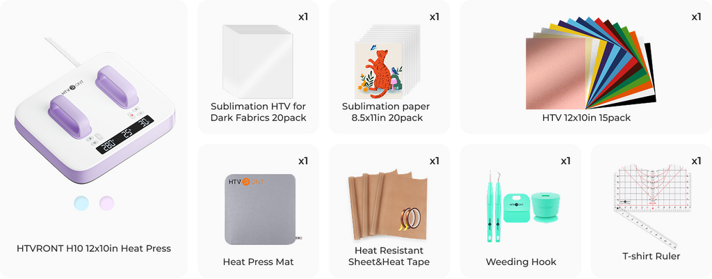 H10 Portable T-shirt press set includes Sublimation HTV, Sublimation paper, 15 color HTV, Heat Press Mat, Heat Resistant, Sheet&Heat Tape, Weeding Hook, T-shirt Ruler