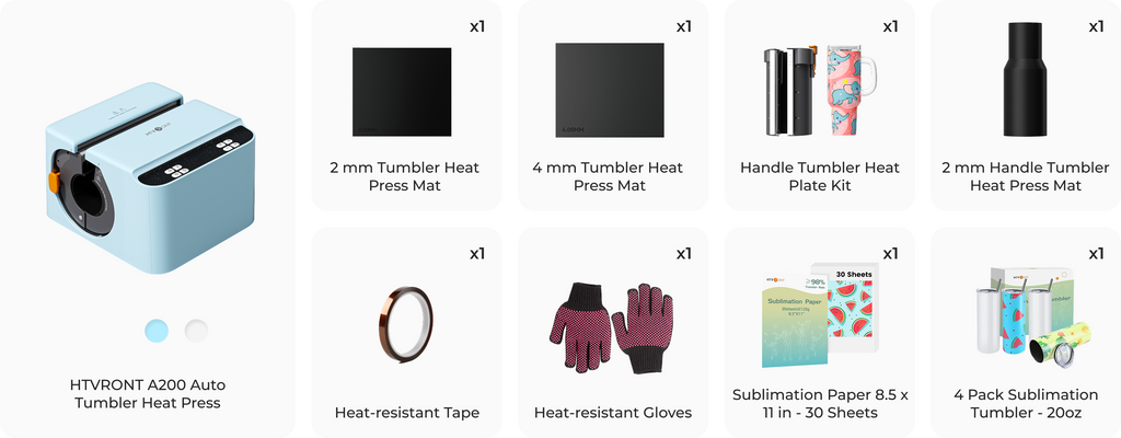 Collection of heat press accessories including a tumbler heat mat, handle plate kit, and gloves on a white background.